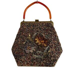 Vintage Soure' Bag New York Needlepoint Beaded Rhinestones Lucite Handle